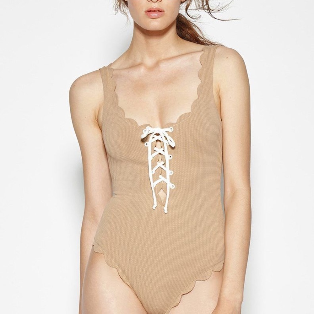 Marysia Scalloped Lace-Up Tan One Piece Swimsuit